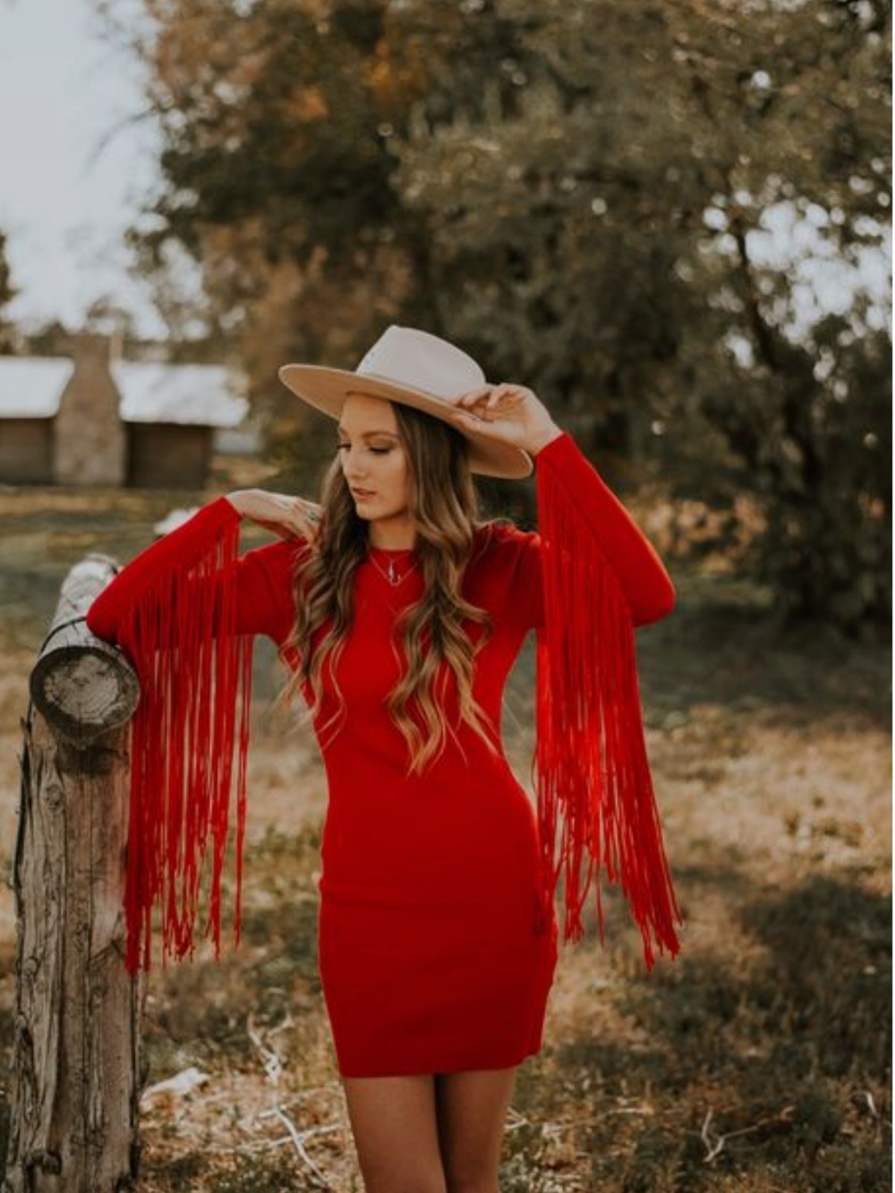 Red Fringe Long-Sleeve Bodycon Dress - Women